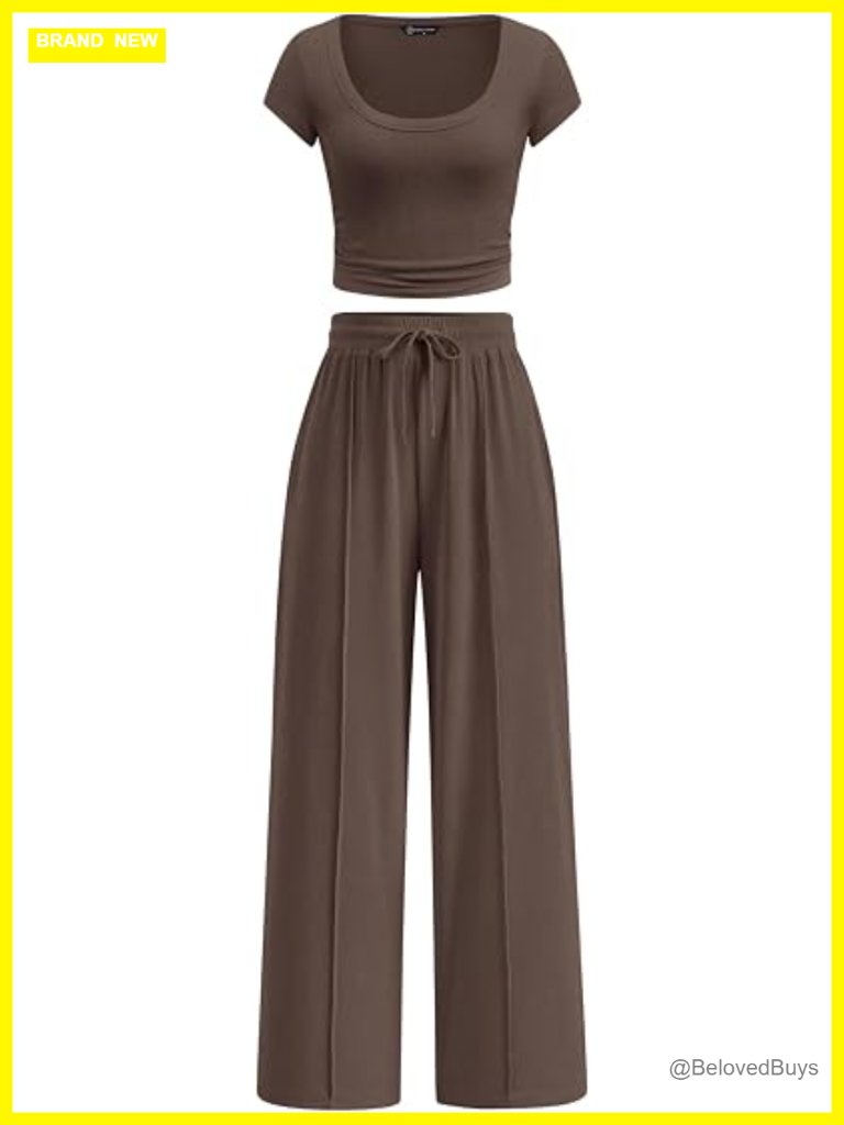 Women's Two Piece Lounge Set Short Sleeve Crop Top Wide Leg Pants